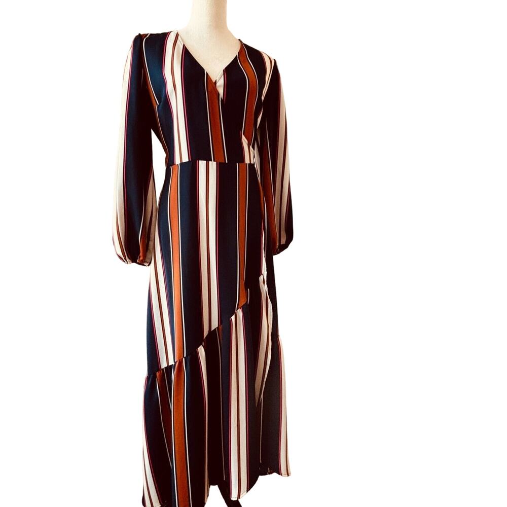 Ruffled Hemline Flowy Striped Maxi Wrap Dress (for Macys) Size Small Blue Orange